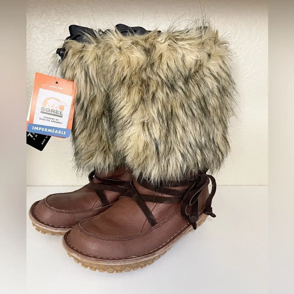SOREL-Ahnah Faux Fur Brown Leather Boots 5.5. NWT